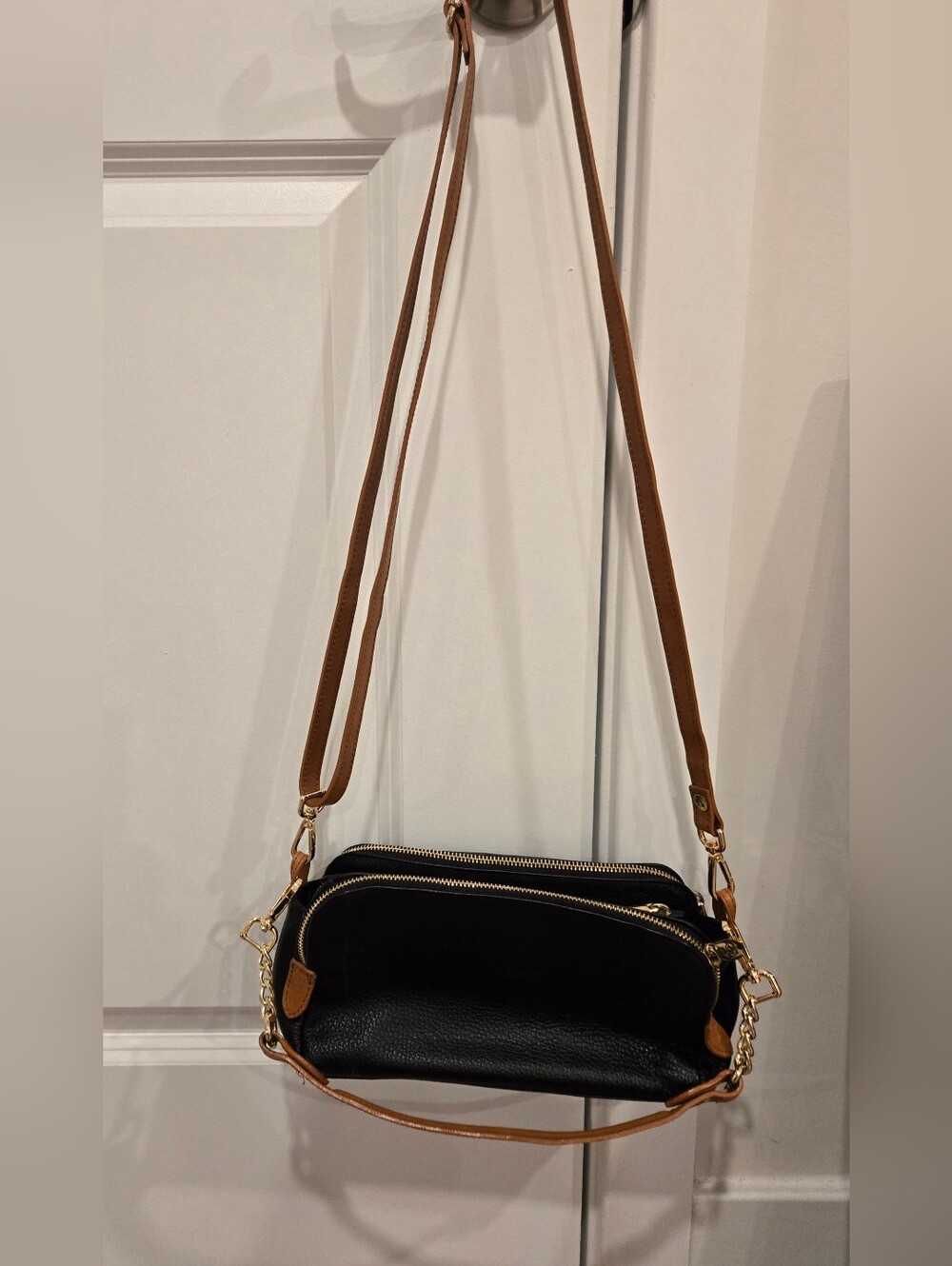 Valentina Black Crossbody Bag with Tan Strap and Gold Hardware